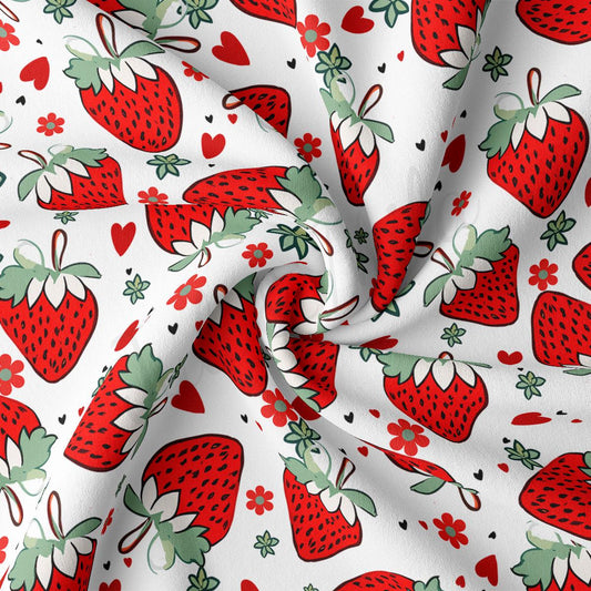 a repeating pattern of red strawberries with green leaves and flowers on a white background.