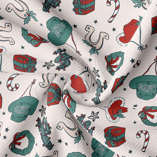 a white fabric with a christmas pattern on it