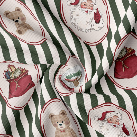 The image is a close-up of a fabric with a repeating pattern of Christmas-themed illustrations, including Santa Claus, a teddy bear, a sack of presents, and a snowman.