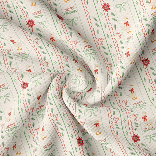 The image is a close-up of a fabric with a repeating pattern of Christmas-themed designs, including red and green stripes, bows, flowers, and birds. The text "Merry Christmas" is visible on the fabric, indicating the festive nature of the design.