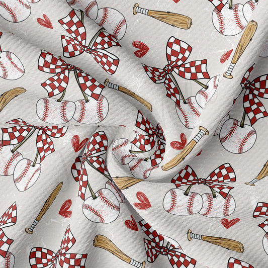 a repeating pattern of baseball-related objects, including baseballs, bats, and checkered flags, all rendered in a checkered pattern with red and white colors.