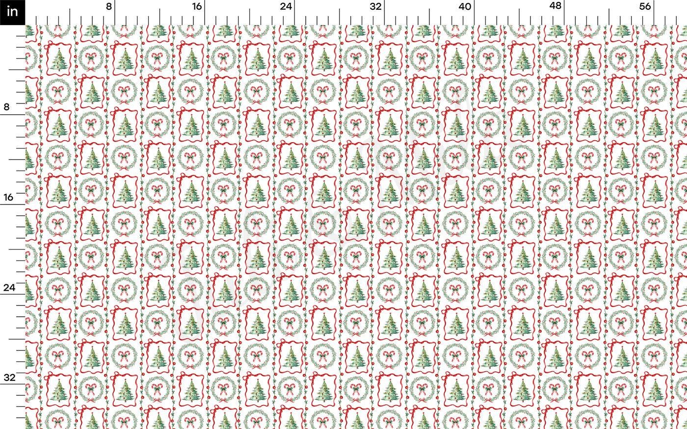 a repeating pattern of Christmas-themed designs, including trees, wreaths, and bows. The pattern is composed of various shapes and colors, creating a festive and holiday-inspired design.