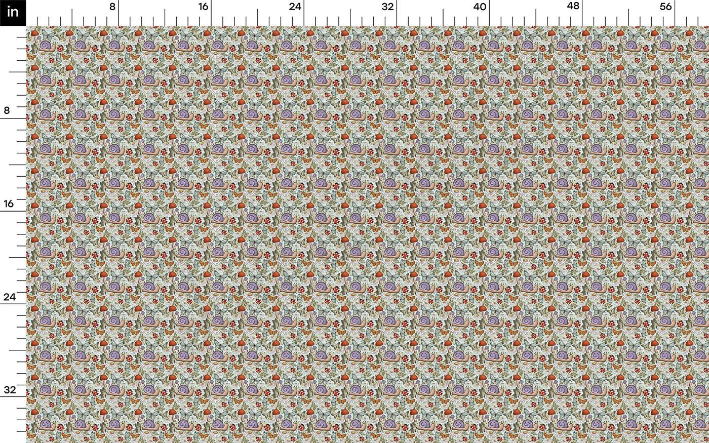 The image is a repeating pattern of a floral design with various shades of green, purple, and orange. The pattern is composed of small, evenly spaced flowers and leaves, creating a visually appealing and intricate design.