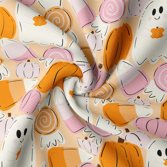 The image is a close-up of a fabric with a repeating pattern of Halloween-themed pumpkins and ghost-like figures in shades of orange, pink, and white.
