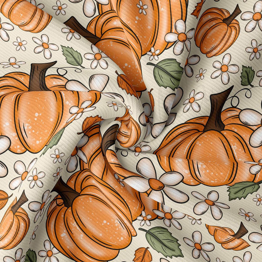 a repeating pattern of orange pumpkins and white flowers on a beige background.