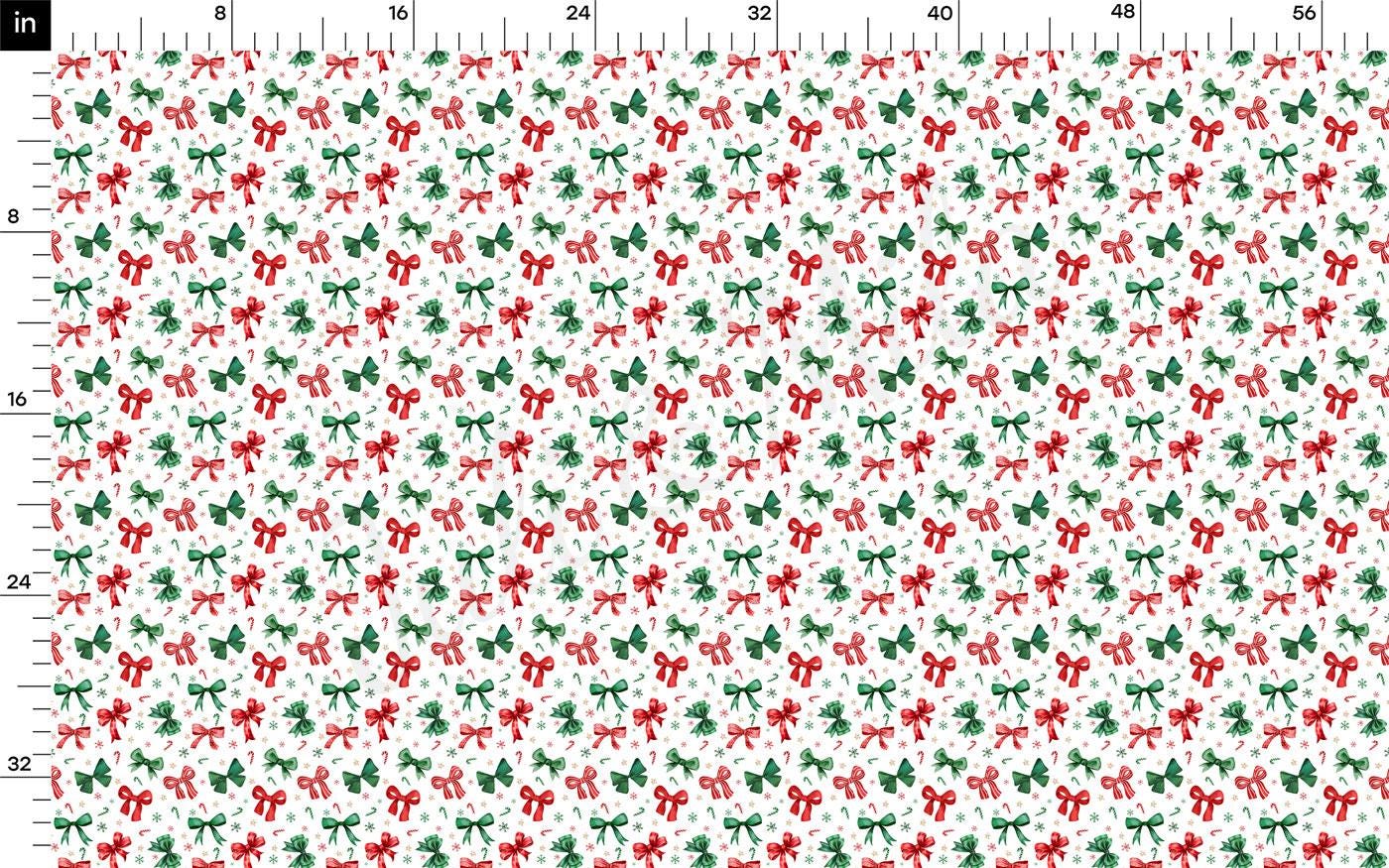 The image is a repeating pattern of red and green bows on a white background.