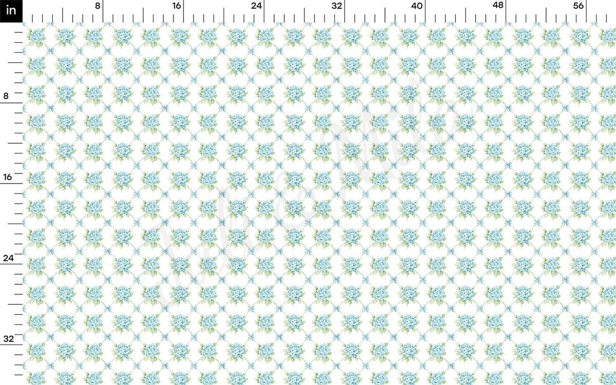 The image is a repeating pattern of blue flowers on a white background, with a ruler for scale at the top.