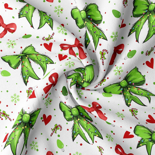 a festive pattern with green bows, red hearts, and snowflakes.