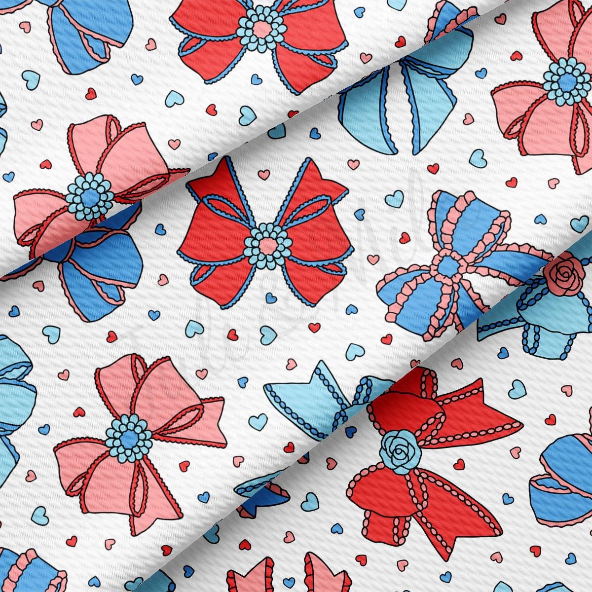 a white background with red, blue and pink bows