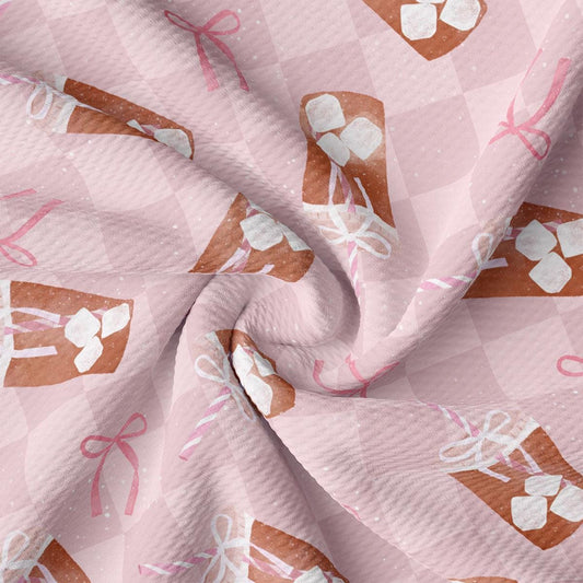 a pink fabric with a pattern of gift boxes