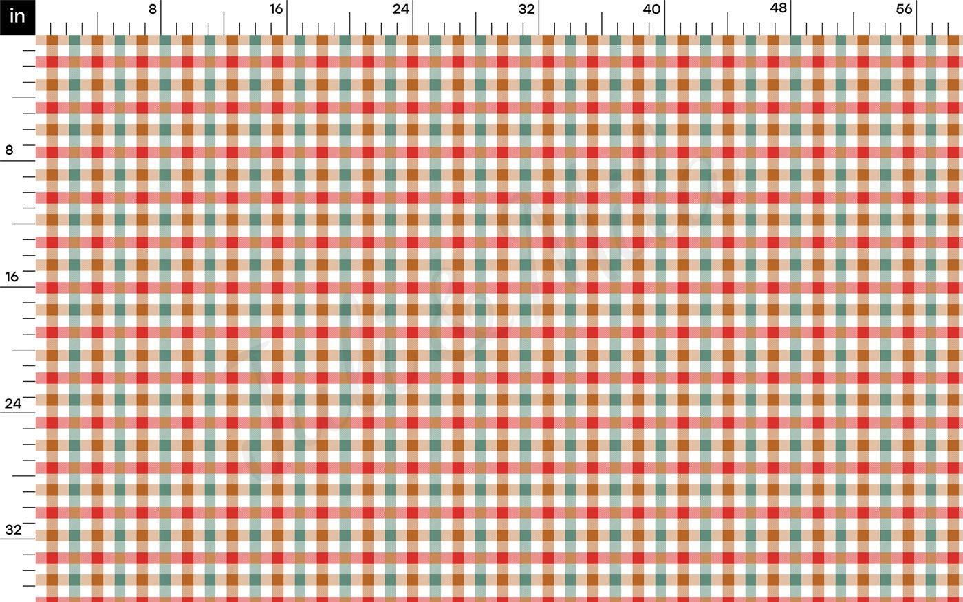 The image is a grid of red, green, and blue plaid squares, with a ruler at the top indicating the size of the squares in inches.