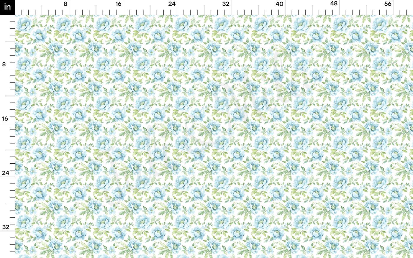 The image is a repeating pattern of blue and green flowers on a white background.