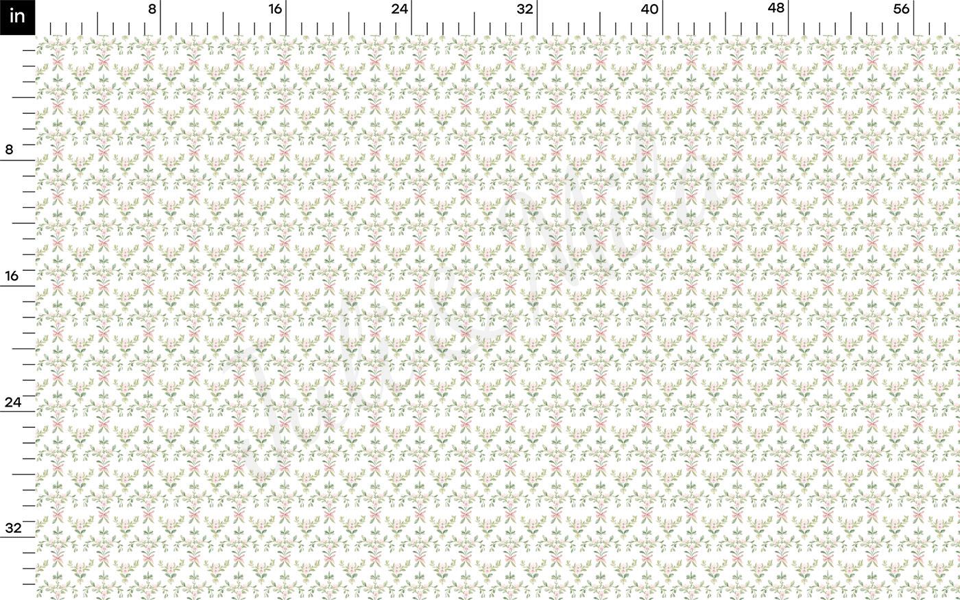 The image is a repeating pattern of a floral design in shades of green and pink. The pattern is composed of small, evenly spaced flowers or leaves arranged in a grid-like fashion. The image does not contain any text or other discernible objects or actions.