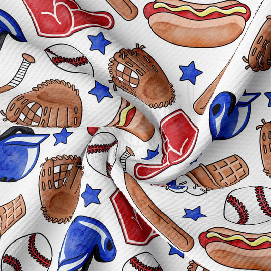 a watercolor drawing of a pattern of baseballs, hotdogs, and