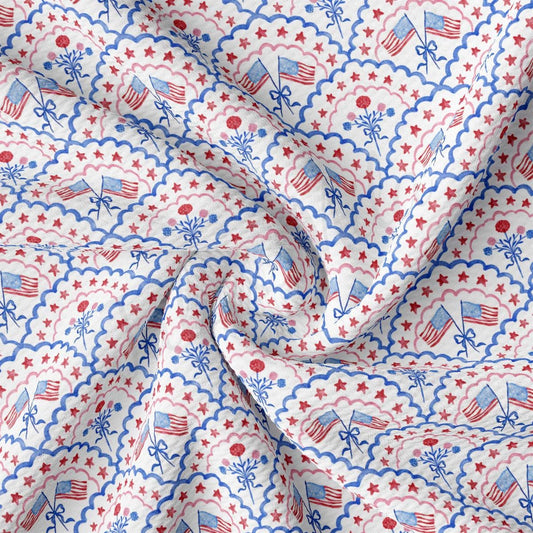 a red, white and blue fabric with stars and stripes