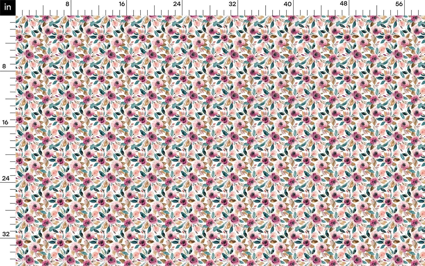 The image is a repeating pattern of pink and green flowers and leaves on a white background.