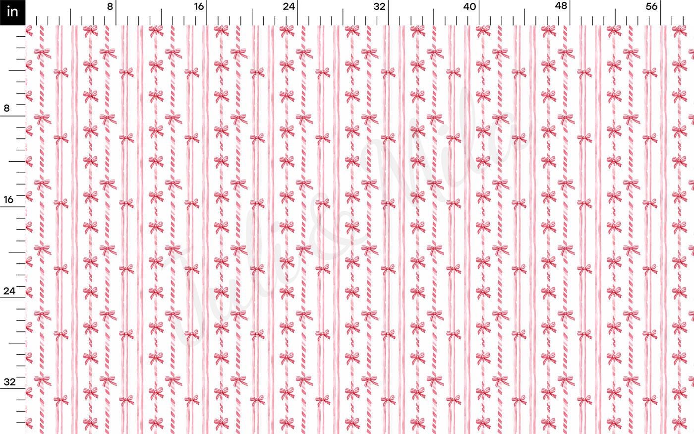 The image is a repeating pattern of red and white stripes with red bows on them. The pattern is arranged in a grid-like fashion, with each row containing the same number of red bows. The image is not a single photograph but a collection of images that have been combined to create a larger pattern.