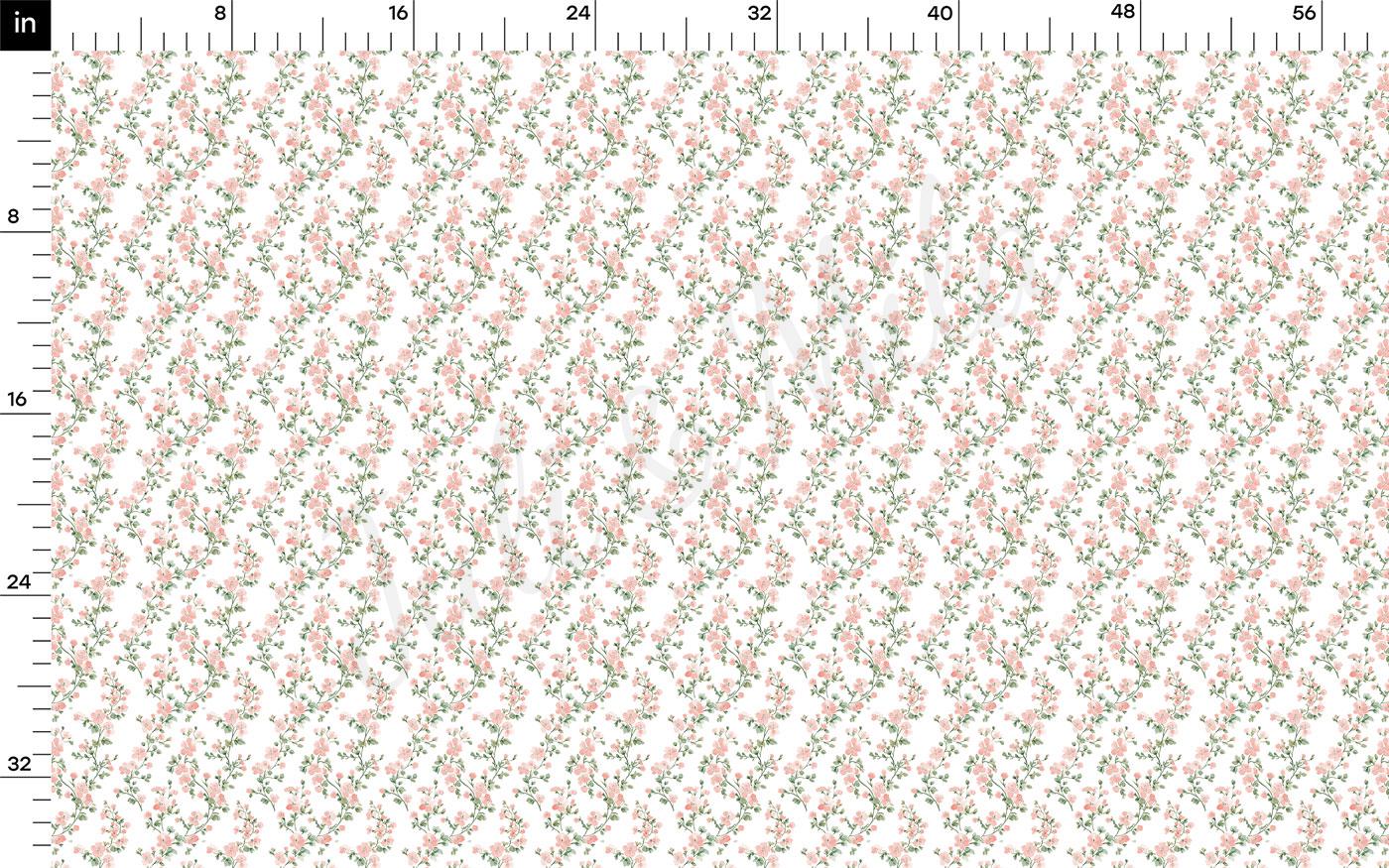 The image is a repeating pattern of small floral designs in shades of pink and green. The pattern is arranged in a grid-like fashion, with each row and column filled with the same floral design. The image does not contain any text or other discernible objects, and the floral designs are evenly spaced throughout the image.