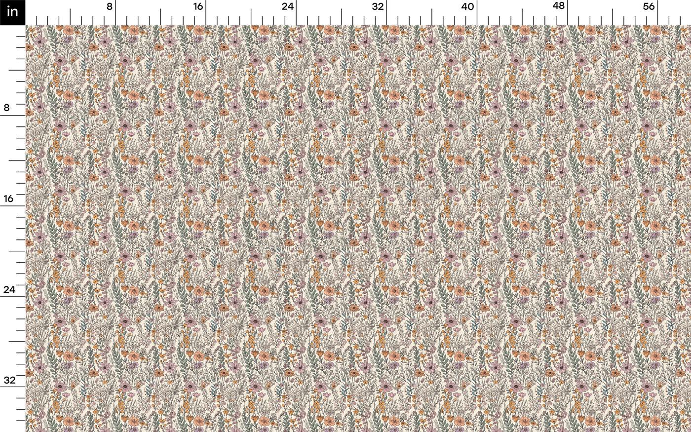 The image is a repeating pattern of a floral design, featuring various shades of green, orange, and brown flowers and leaves. The pattern is arranged in a grid-like format, with each square containing a different flower or leaf. The image does not contain any text or other discernible objects, and the relative positions of the flowers and leaves remain consistent throughout the pattern.