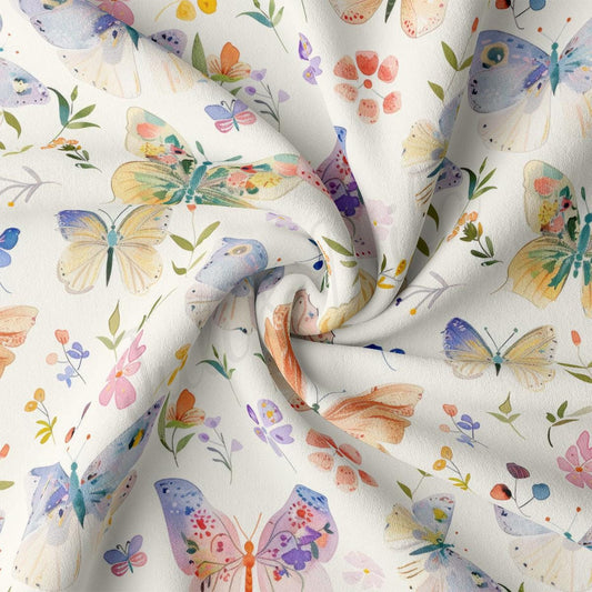 a white fabric with colorful butterflies on it