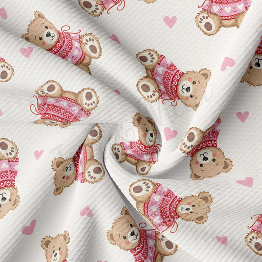 a repeating pattern of teddy bears wearing red sweaters and pink hearts on a white background.