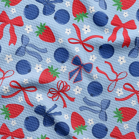 a blue background with red, white, and blue bows