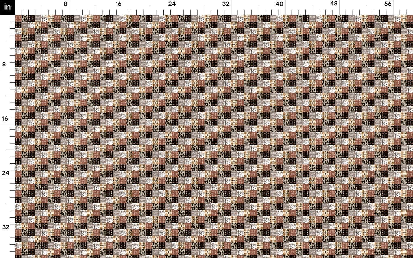 The image is a fabric swatch with a repeating pattern of squares in various shades of brown, black, and white. The pattern is arranged in a diagonal grid-like fashion, creating a visually striking and intricate design.
