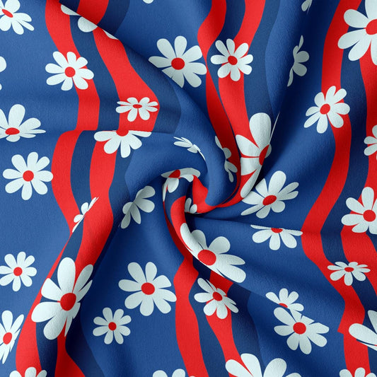 a red, white and blue floral print fabric