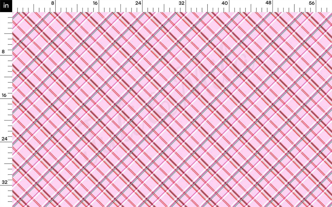 a pink and grey plaid pattern with a ruler