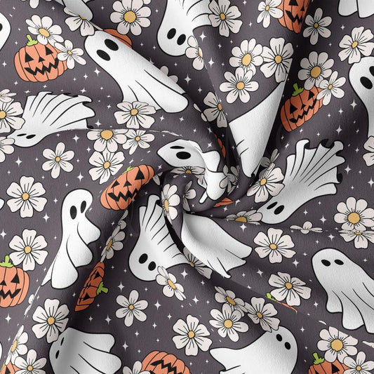 a pattern of ghost and flowers on a black background