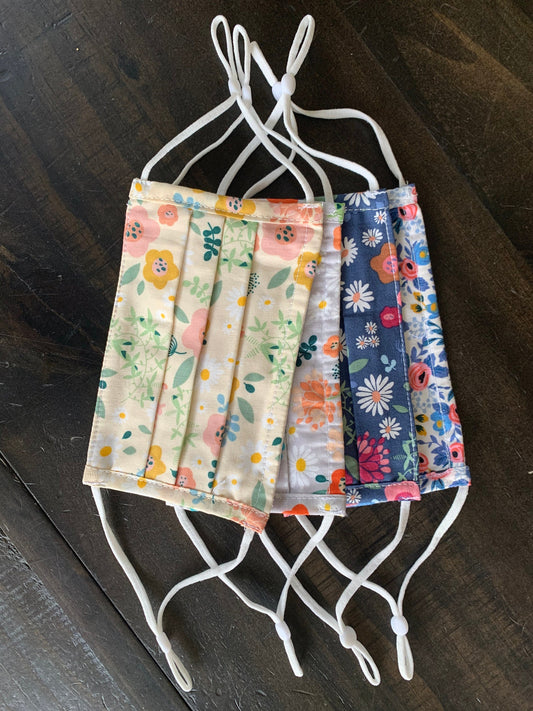 Face Mask for kids with Nose Wire Adjustable Ear Loops Covering Fabric Washable 100% Breathable Three Layer Floral Reusable