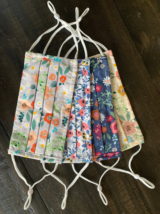 Face Mask with Nose Wire Adjustable Ear Loops Covering Fabric Washable 100% Breathable Three Layer Floral Reusable