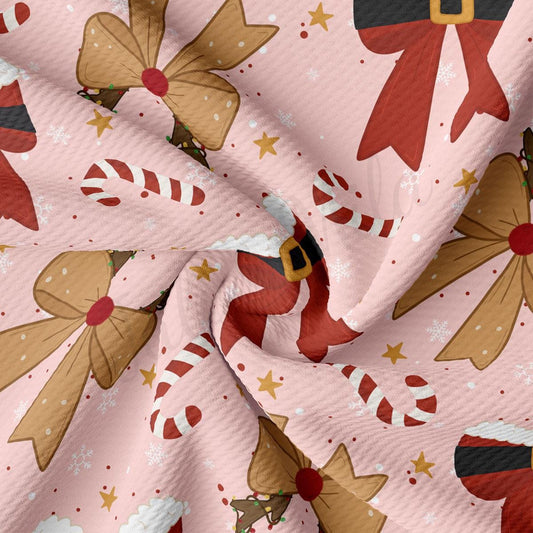 The image is a close-up of a fabric with a festive Christmas-themed pattern. The fabric is adorned with various Christmas-themed elements, including bows, candy canes, and stars. The overall design is vibrant and cheerful, reflecting the holiday spirit.