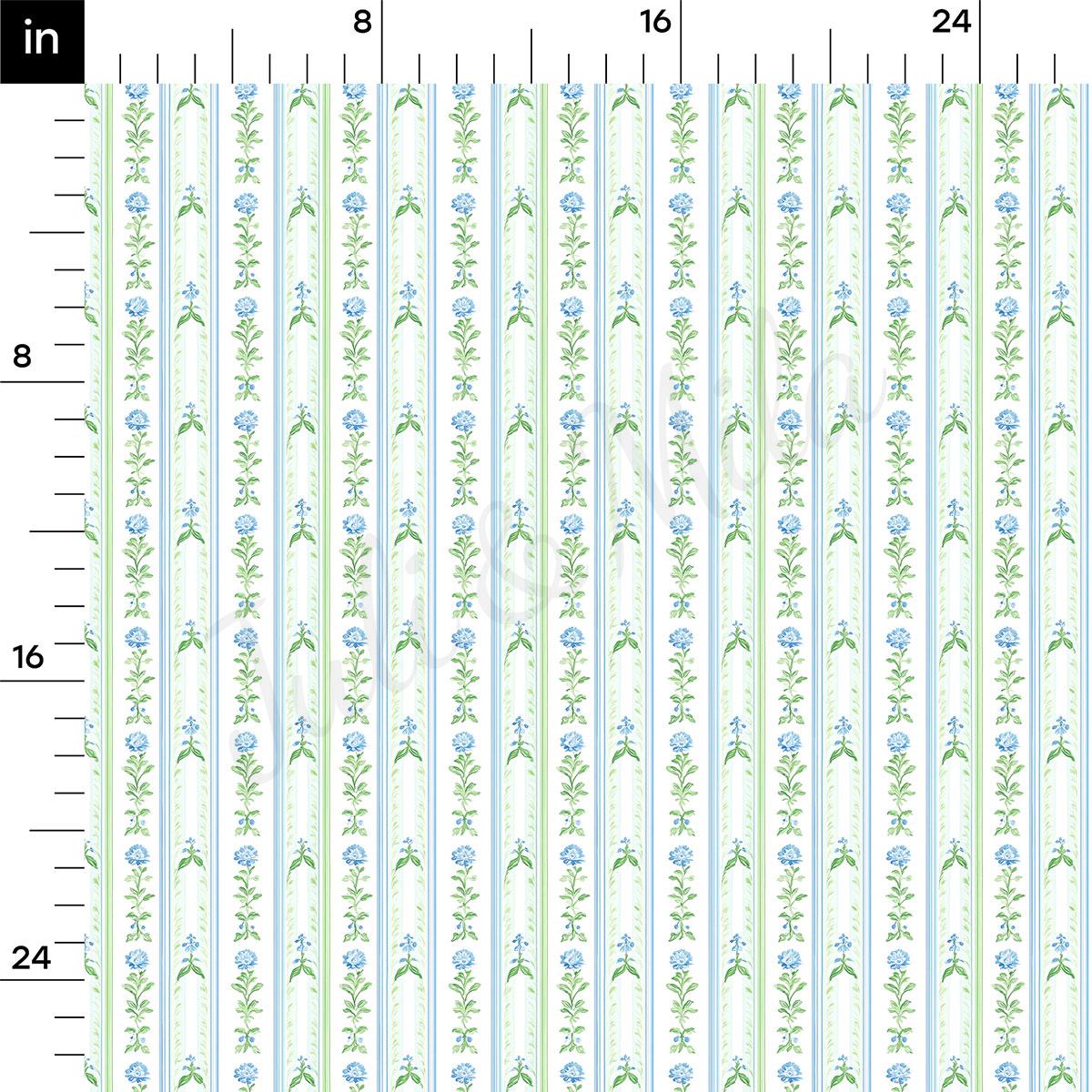 The image is a repeating pattern of green and white stripes with blue flowers, arranged in a grid-like layout. The pattern is composed of vertical stripes and horizontal stripes, creating a visually appealing and symmetrical design. The image does not contain any text or additional objects, and the overall layout is simple and straightforward.