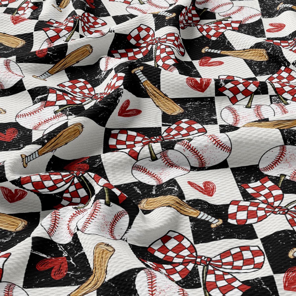 The image is a close-up of a fabric with a repeating pattern of baseball-related objects, including baseball bats, baseballs, and checkered flags.