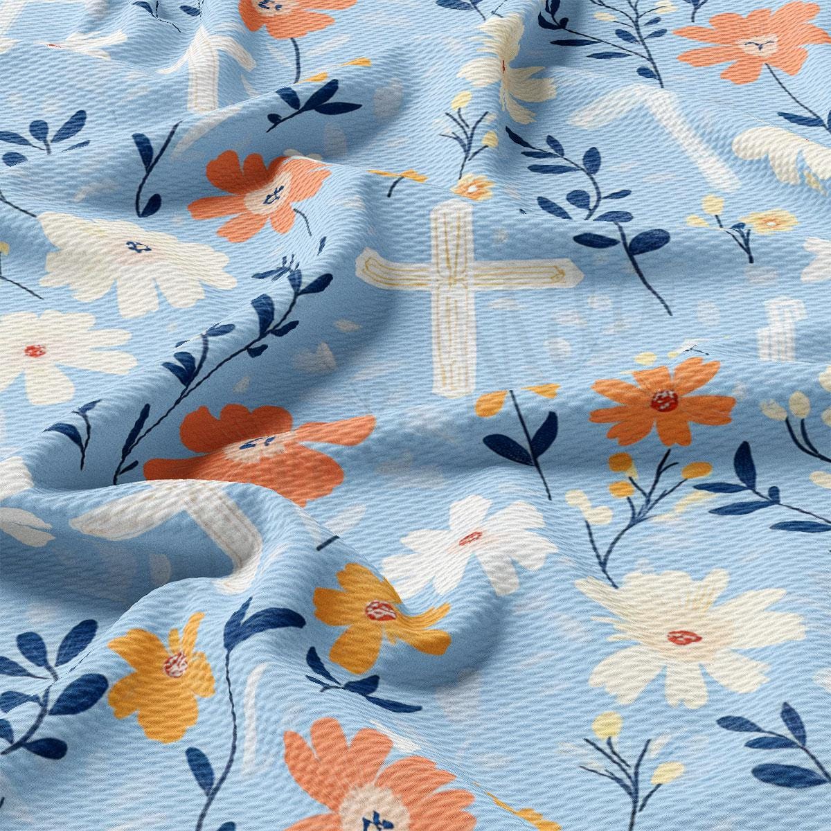 a blue and orange floral print fabric