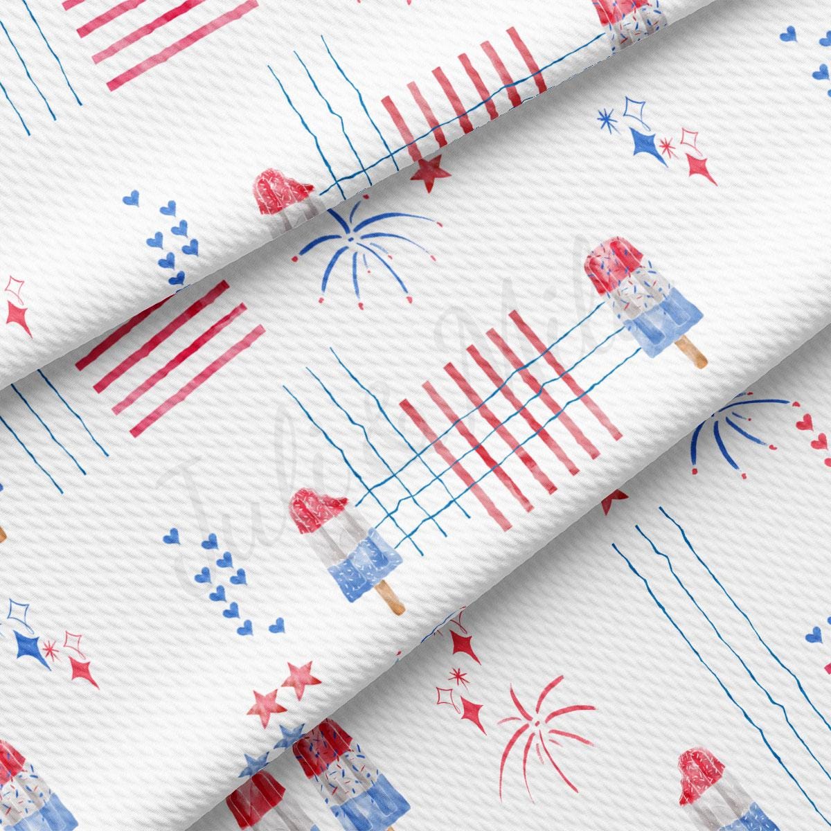 a white background with red, white and blue fireworks