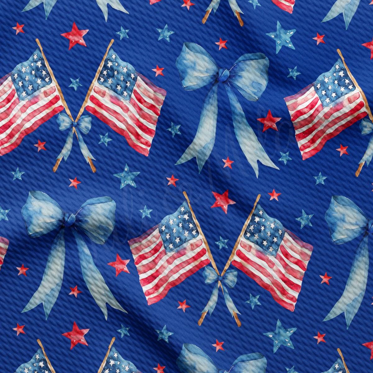a blue background with american flags and bows