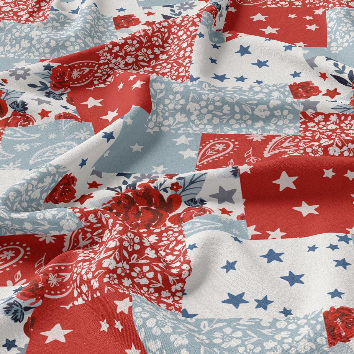 a red, white and blue fabric with stars on it