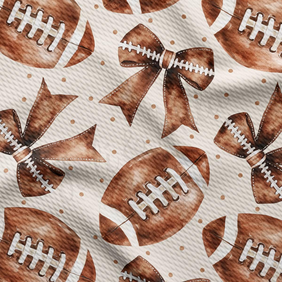 a repeating pattern of brown footballs with white stitching and bows, creating a cohesive and visually appealing design.
