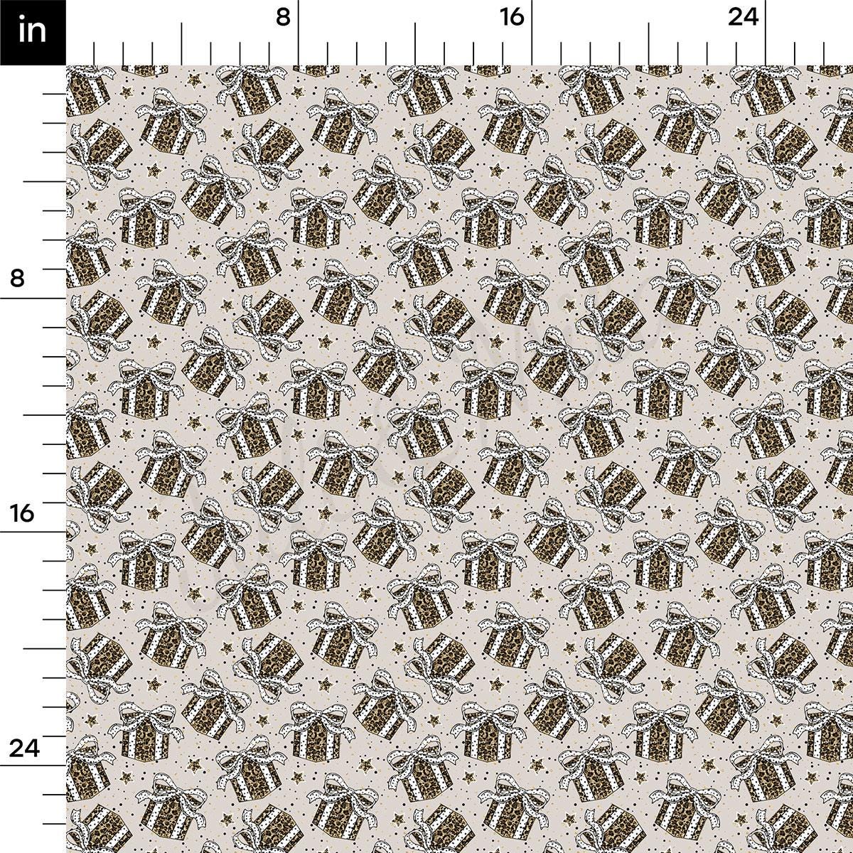 a repeating pattern of gift boxes with bows and stars on a beige background.