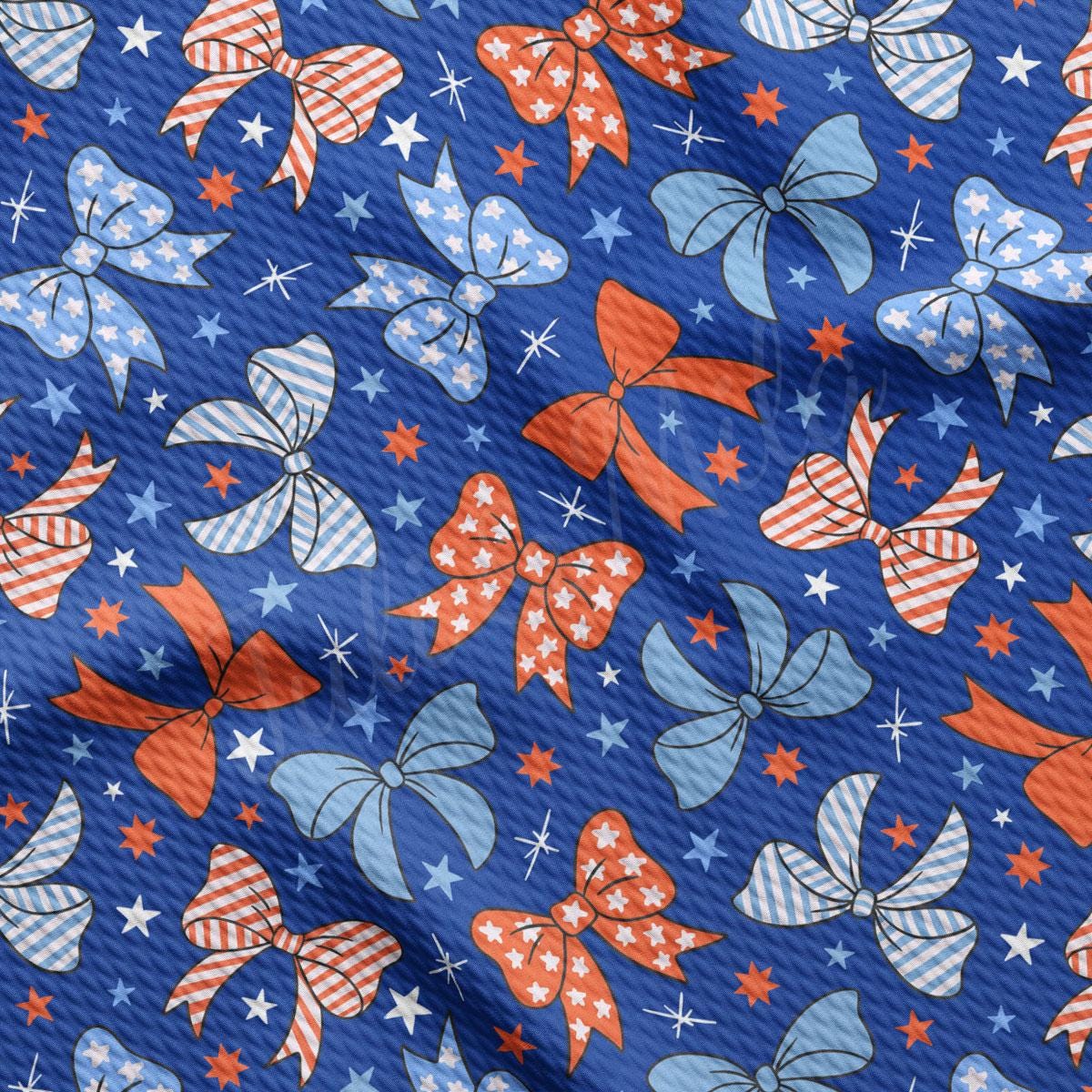 a blue background with red, white and blue bows