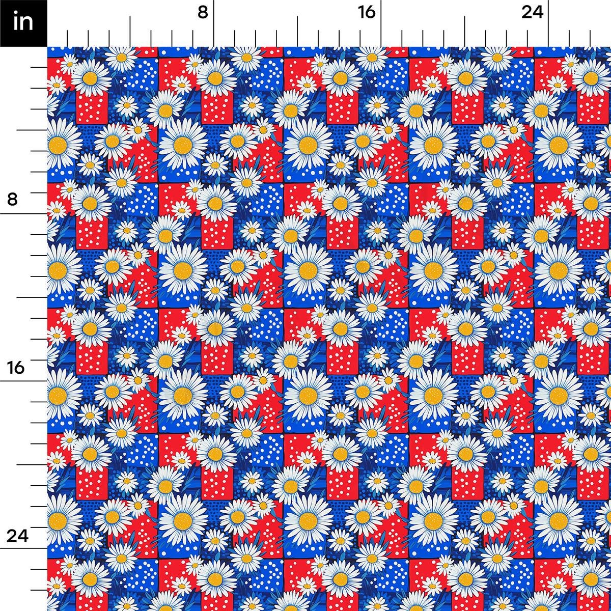 a blue and red quilt with daisies on it