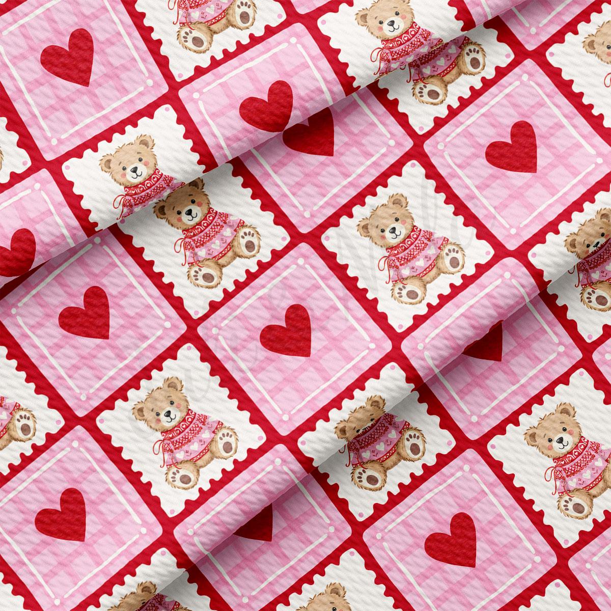a repeating pattern of pink and white squares, each containing a teddy bear wearing a red sweater and a heart.