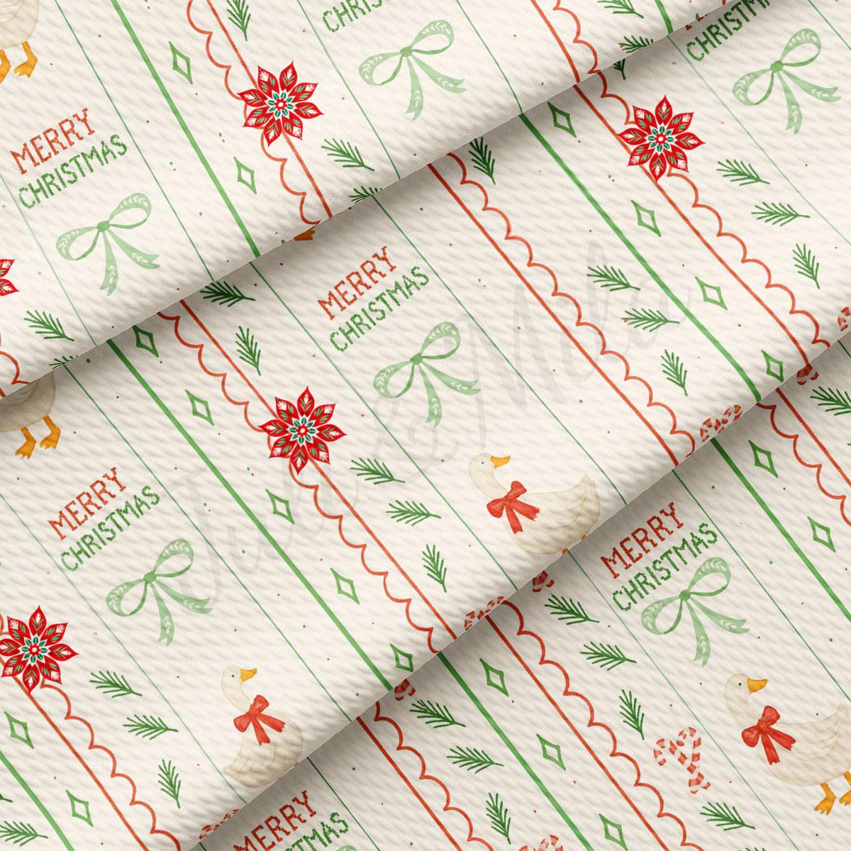 The image is a repeating pattern of Christmas-themed elements, including bows, flowers, and birds, arranged in a diagonal pattern. The text "Merry Christmas" is prominently displayed on the fabric.