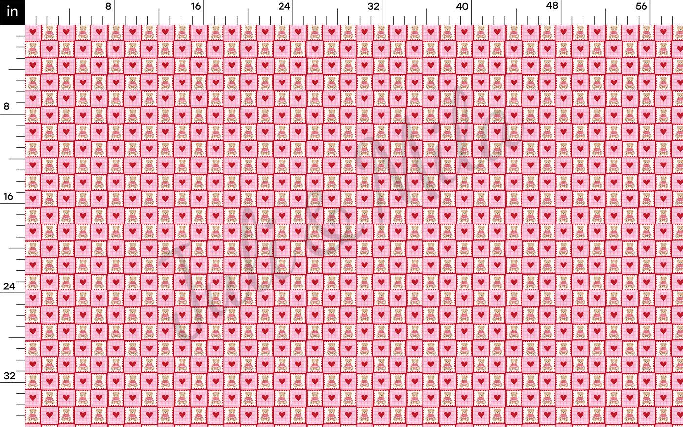 The image is a repeating pattern of pink and white squares, with the pattern being the main focus. The pattern is composed of small squares, and the image is described as a fabric print with a repeating pattern.