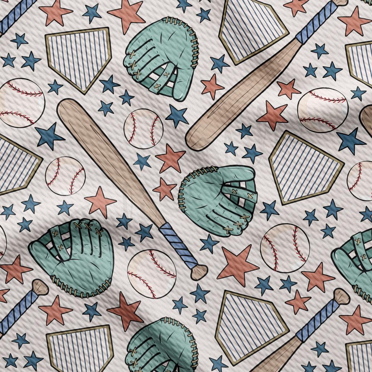 a pattern of baseballs, bats, and stars on a white background
