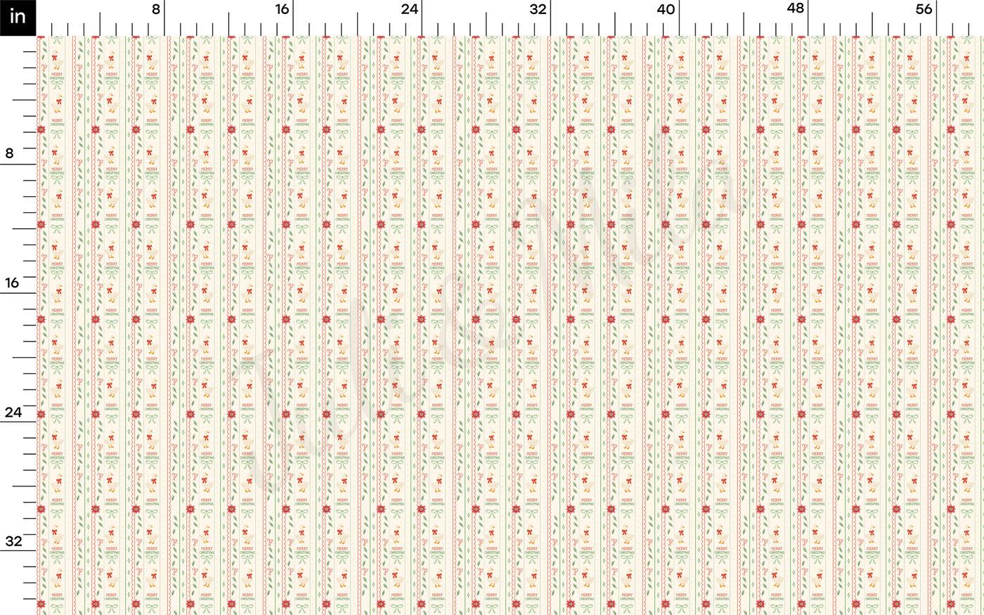 The image is a repeating pattern of a floral design with red and green elements. The pattern consists of vertical lines and dots, creating a visually appealing and symmetrical design. The image does not contain any text or other discernible objects, and the relative positions of the elements remain consistent throughout the pattern.