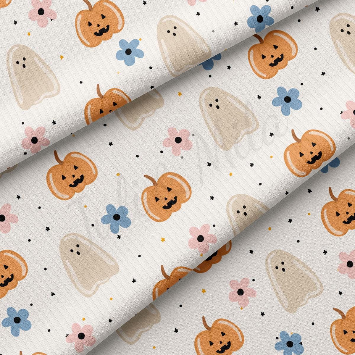a repeating pattern of Halloween-themed pumpkins and ghost decorations on a white background.