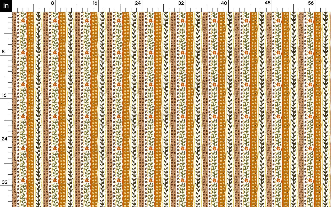 The image is a repeating pattern of vertical stripes in various shades of orange, brown, and white, with small decorative elements such as leaves and flowers. The pattern is arranged in a grid-like format, with each stripe having a specific width and height. The image does not contain any text or additional objects, and the overall composition is simple and repetitive.